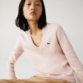 Lacoste V-neck Organic Cotton Sweater - Svetr Dámské Světle Růžové / Bílé | CZ-X6weiA